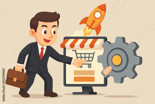 Businessman launching a new online shop. E-commerce startup concept with rocket. Entrepreneur setting up webstore, activating settings. Digital business growth vector cartoon.