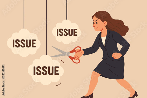 Businesswoman cutting issues with scissors. Concept for problem solving, determination, and overcoming obstacles. Proactive manager resolving challenges. Metaphor for business solution.