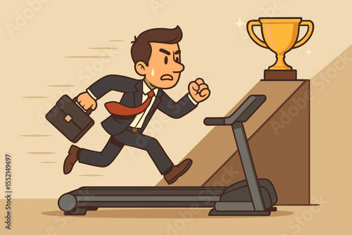 Metaphor of the business rat race. Businessman running on a treadmill chasing a success trophy. Concept of career ambition, hard work, motivation, challenge, and perseverance.