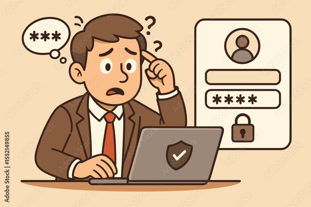 Confused businessman trying to remember forgotten password for website login page on laptop. Cyber security, account protection and user authentication vector cartoon illustration. Confused businessman trying to remember forgotten password for website login page on laptop. Cyber security, account protection and user authentication vector cartoon illustration.