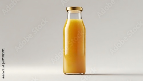 Small glass bottle of fresh orange juice on gray