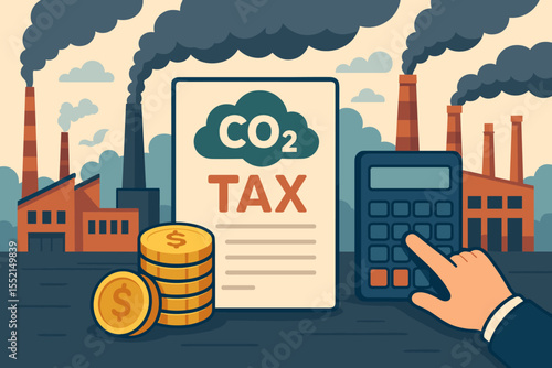 Carbon tax vector illustration. CO2 emissions pricing and industrial pollution cost concept. A factory paying for greenhouse gas output. Environmental regulation and climate finance policy.