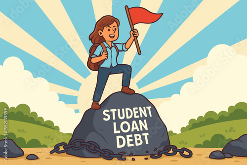 Concept of conquering student loan debt and achieving financial freedom. Victorious woman standing on a heavy rock with broken chains, holding a flag. Metaphor for overcoming burden.