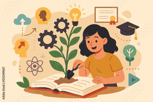 Cultivating personal growth and self-improvement through continuous learning. Woman planting knowledge from a book. Metaphor for education, skill development, mindset, and wisdom.