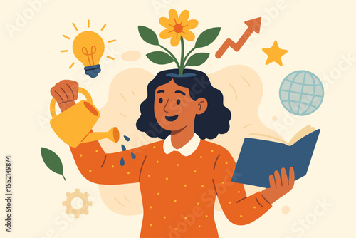 Cultivating personal growth and self improvement concept. Woman watering flower in her head, reading a book for knowledge. Continuous learning and mental health development metaphor.