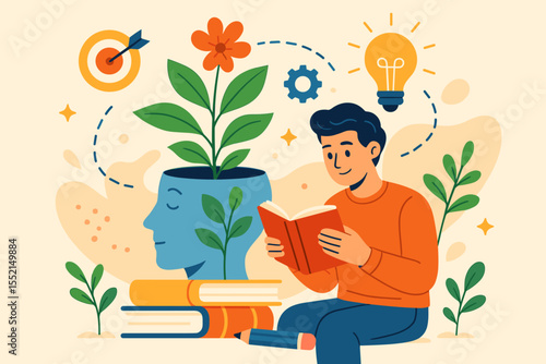 Personal growth and self improvement concept. Man reading a book for continuous learning. Plant in head symbolizes mindset development, with lightbulb for ideas and target for goals.
