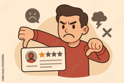 Angry customer giving negative feedback and one star rating. Disappointed man with thumbs down. Bad review concept for poor service, dissatisfaction and online reputation. Vector.