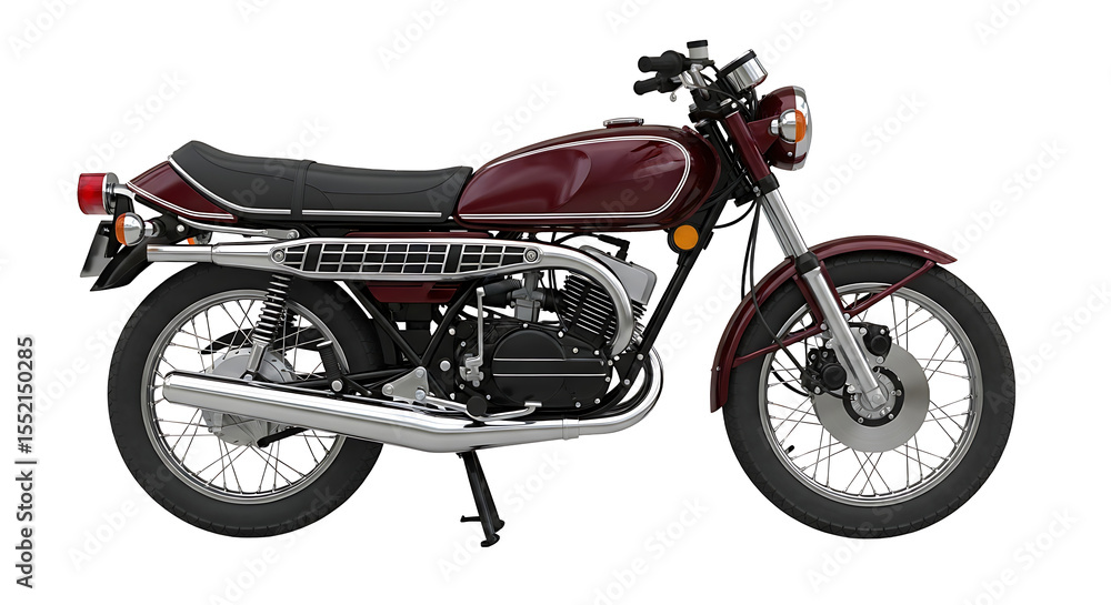 Fototapeta premium A classic maroon motorcycle, showcasing its details against a clean white backdrop.
