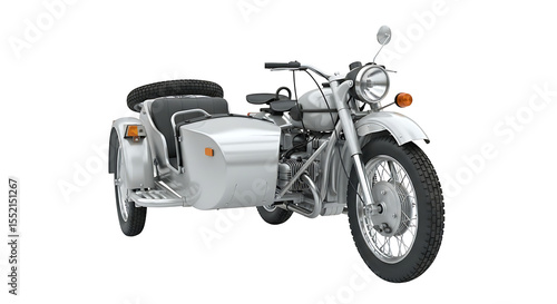 A white motorcycle with a sidecar is displayed against a plain white background, showcasing its classic design.