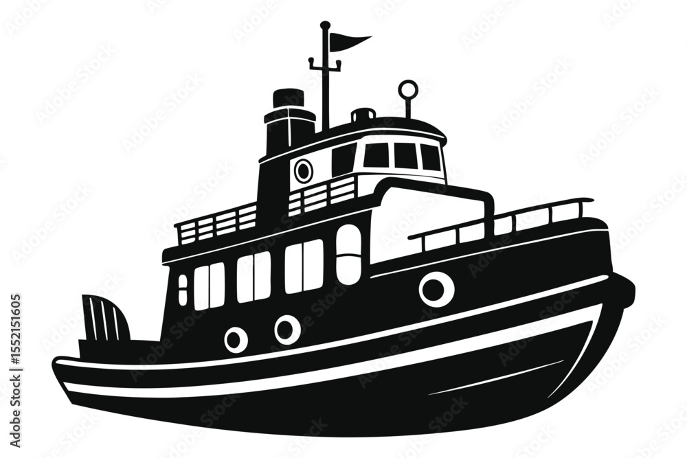 Obraz premium Black and White Cartoonish Illustration of a Detailed Ferry Boat Vessel