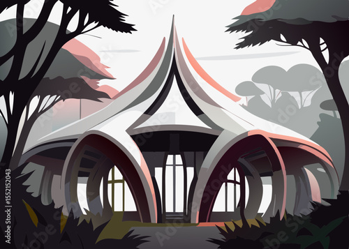 Eco-Retro Futurism Architecture in Nature with Organic Shapes and Soft Colors for Blogs, Websites, Eco-Design Articles, and Environmental Awareness Content  