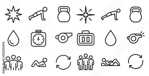 Fitness and workout line icons set – outline, silhouette, exercise and health symbols