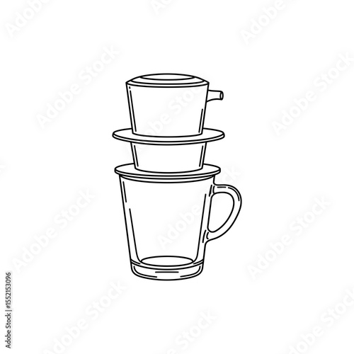 Black line icon of a Vietnamese phin coffee filter set on a glass cup