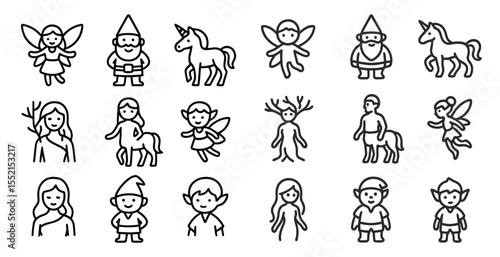 Fantasy characters outline icons set – silhouette, mythical, magical creature symbols