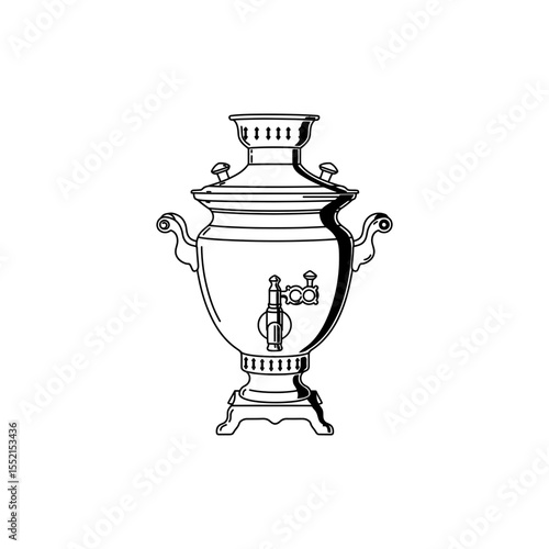 Black line icon of a Russian samovar tea urn with spigot and chimney