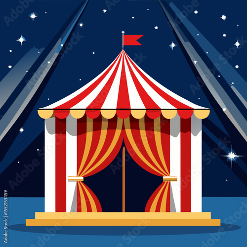 Classic red and white striped circus tent under a starry night sky