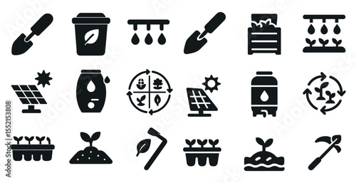 Gardening and sustainability solid icons set – eco, filled, green living and farming symbols