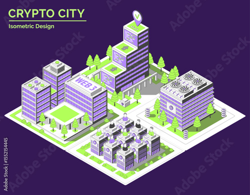Cartoon Color Smart Contract Hub, Startup Coworking, DAO Office and Mining Farm Building Crypto City Concept 3d Isometric View Line Elements. Vector illustration