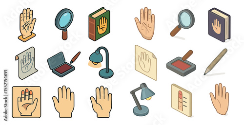 Palm reading and chiromancy 3d icons set – esoteric, fortune telling symbols