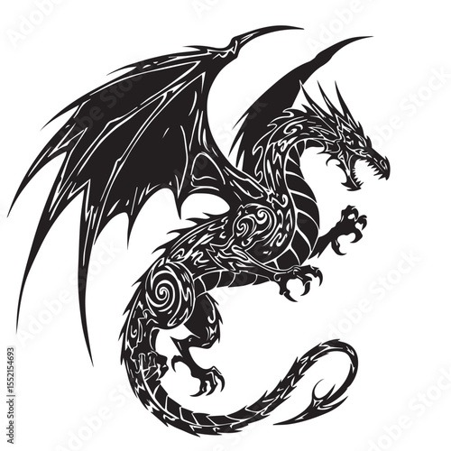 Stylized tribal dragon silhouette with aggressive pose, large wings, and spiral tail, in black and white only, high contrast tattoo art
