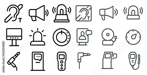 Hearing and alert line icons set – outline, linear, volume and notification symbols