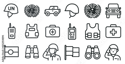 Military and defense outline icons set – linear, vector, army and security symbols