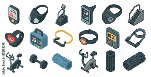Fitness and cardio icons set – isometric style, workout, exercise symbols