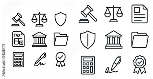 Legal and justice outline icons set – silhouette, line, law and court symbols