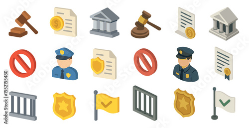 Law and order icons set – isometric, justice, legal and regulation symbols