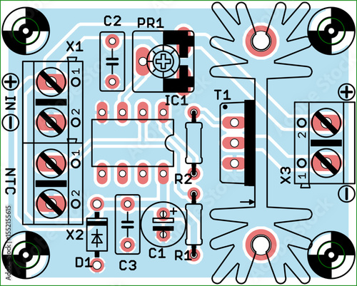 Vector printed circuit board of electronic 
device with components set of radio elements, 
conductors and contact pads placed on pcb. 
Engineering technic drawing. Electric background.
Cad design.