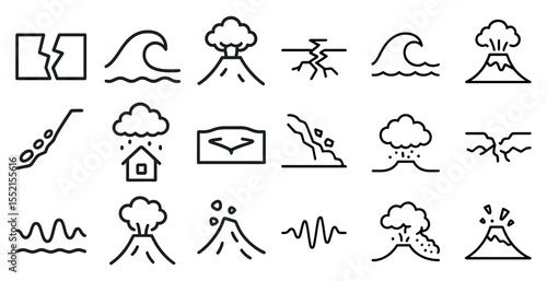 Natural disaster icons set – outline, linear, earthquake and volcano symbols