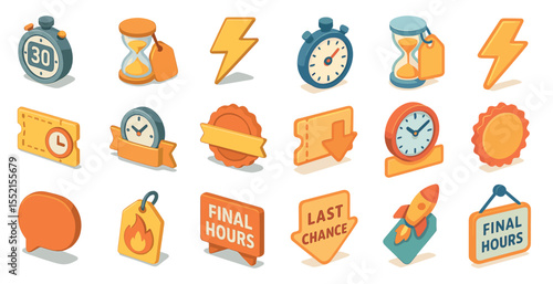 Time management isometric icons set – schedule, planning and productivity symbols