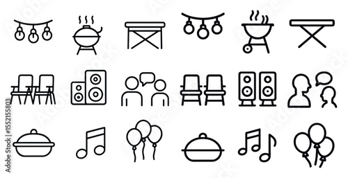 Outdoor party line icons set - outline, bbq, celebration and festive symbols