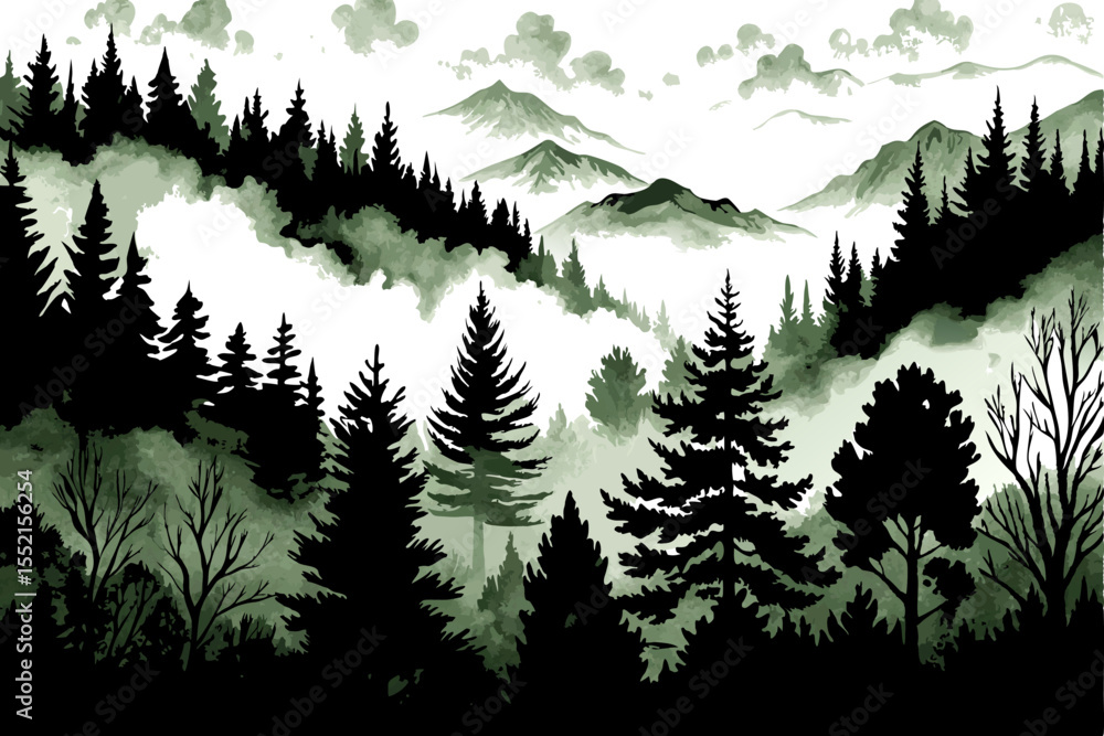 Obraz premium Misty Mountain Forest Landscape, Green Watercolor Painting