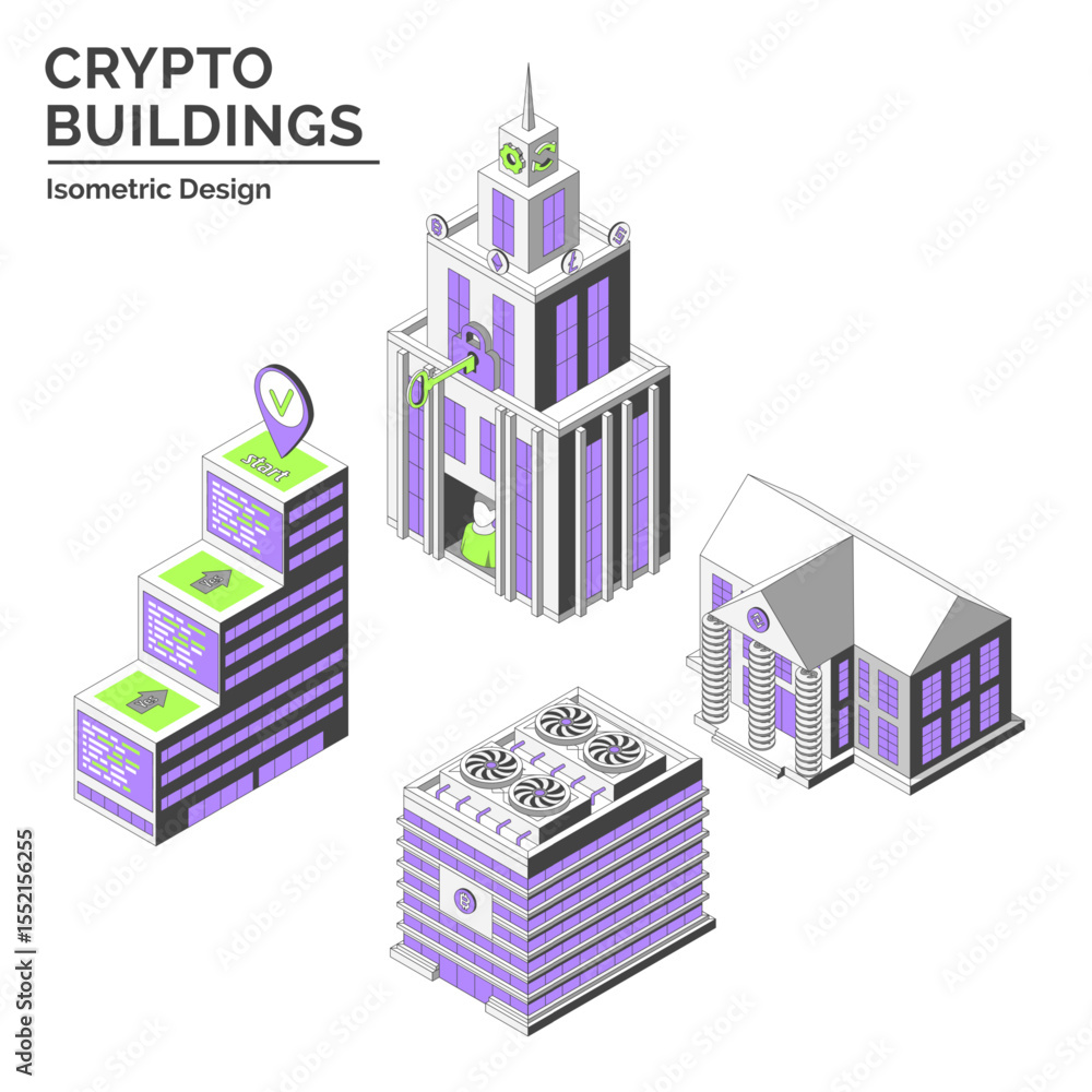 Fototapeta premium Cartoon Color Bank, Wallet Company, Smart Contract Hub and Mining Farm Crypto Buildings Isolated on a White Background City Concept 3d Isometric View Line Elements. Vector illustration