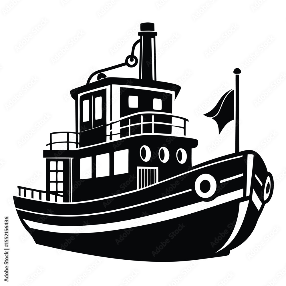 Obraz premium Black and White Illustration of a Classic Tugboat Vessel with Flag on the Mast
