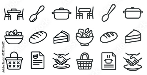 Dining and kitchen outline icons set – line, flat, cooking and tableware symbols