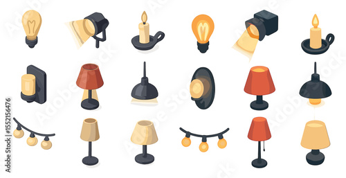 Home lighting icons set – isometric, lamps, bulbs and illumination symbols
