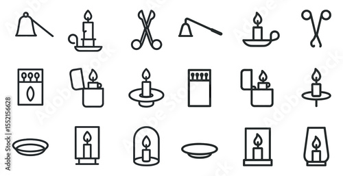 Candle and lighting icons set – outline, line, home decor and ambiance symbols