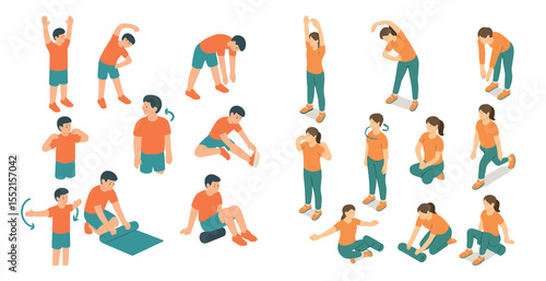 Fitness and exercise isometric icons set – workout, gym, health and wellness symbols