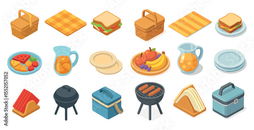Picnic essentials icons set – isometric, flat, outdoor and leisure symbols