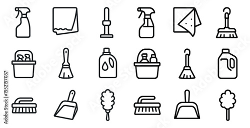 Cleaning and hygiene outline icons set – line, silhouette, sanitation tools
