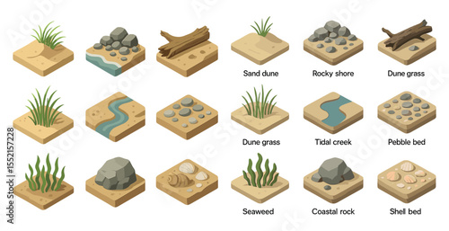 Beach and coastal nature icons set - isometric, shoreline, tidal environment symbols