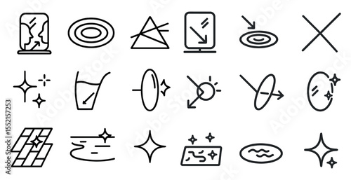 Physics and light outline icons set – linear, scientific, optical and educational symbols