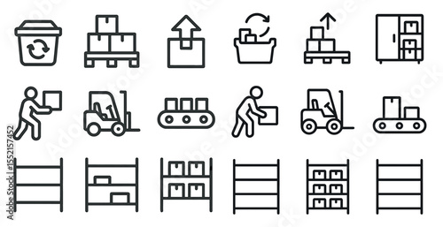 Warehouse and logistics icons set – outline, linear, packing and shipping symbols