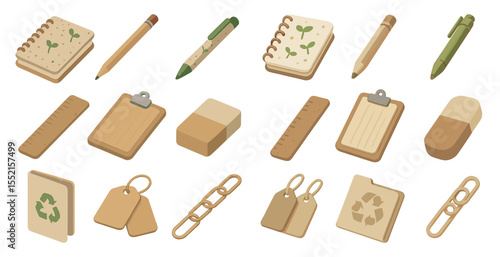 Eco-friendly isometric icons set – sustainability, green design, recyclable symbols