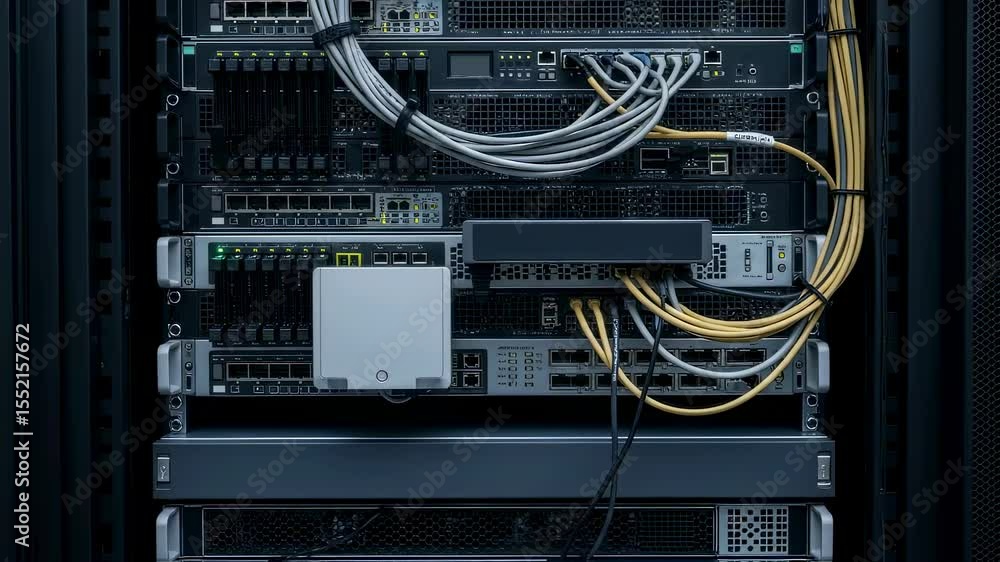 Close up of a connected data server rack with network cables, depicting cybersecurity and information technology infrastructure footage. Close up of a connected data server rack with network cables, depicting cybersecurity and information technology infrastructure footage.