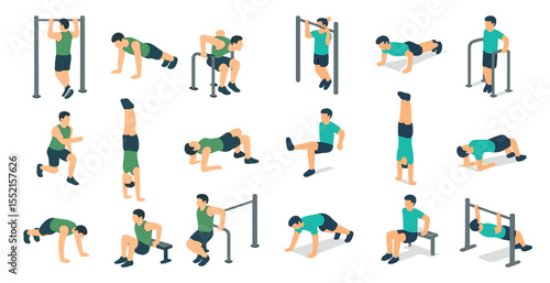 Fitness and exercise icons set – isometric, workout, gym and activity symbols