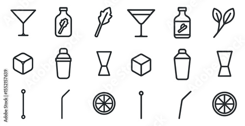Cocktail ingredients outline icons set – flat, bartending, mixology symbols
