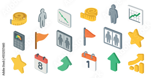 Office and business isometric icons set – 3d, filled, productivity symbols